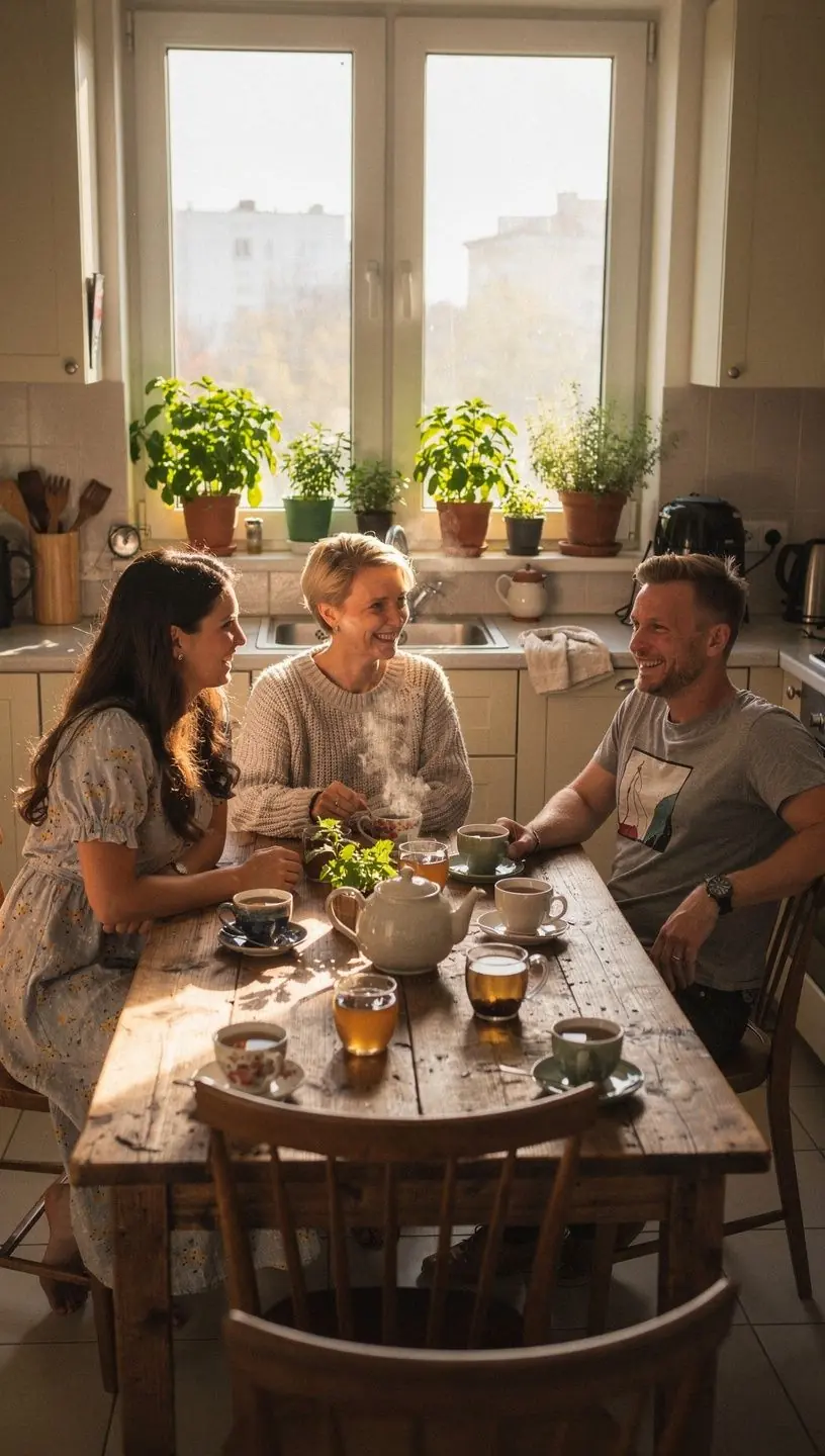 Natūralių žolelių arbatos puodelis ant medinio stalo su ramybės ir hidratacijos simboliais fone