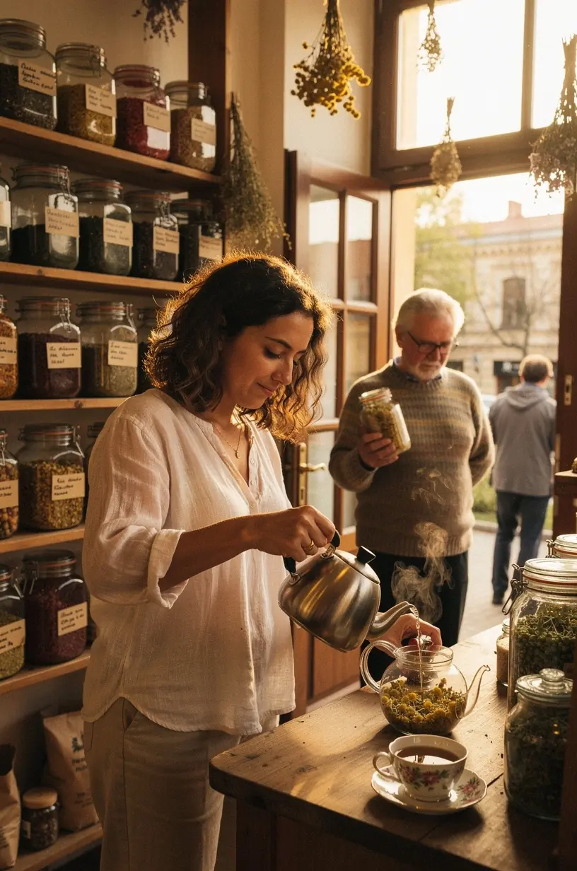 Diagramų ir natūralių ingredientų kompozicija, iliustruojanti žolelių arbatų poveikį organizmo gerovei ir komfortui