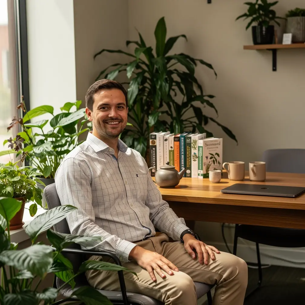 Ramus žmogus, mėgaujantis žolelių arbatos gėrimu namų aplinkoje, siekiant komforto ir hidratacijos.